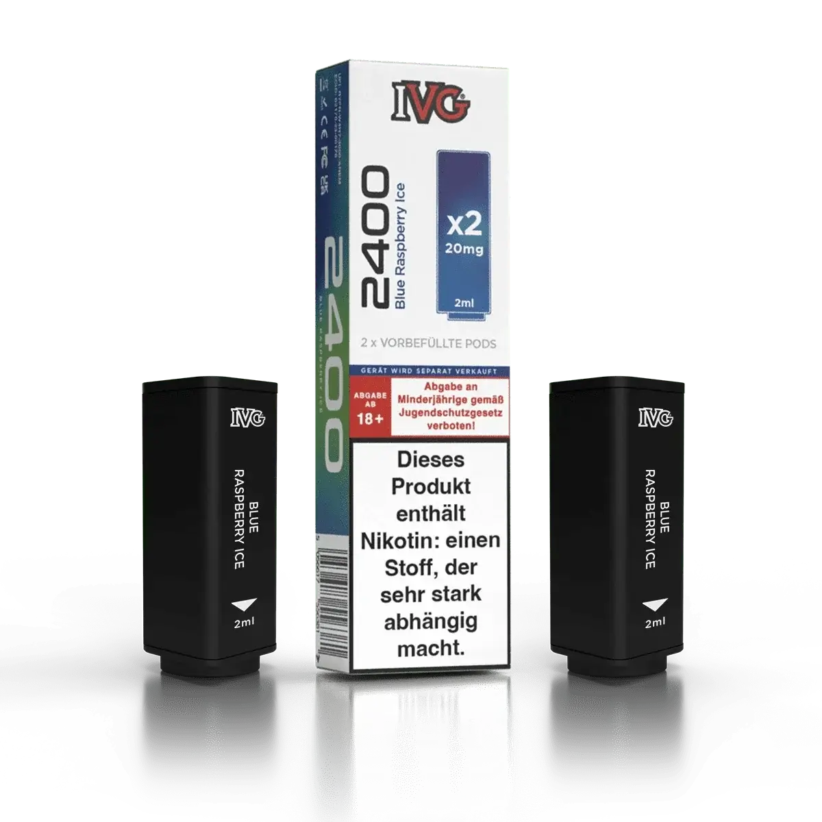 Alt Tag: IVG 2400 Pod 2er Set mit Blue Raspberry Ice Geschmack und Menthol-Kühle für ein fruchtig-erfrischendes Dampferlebnis.