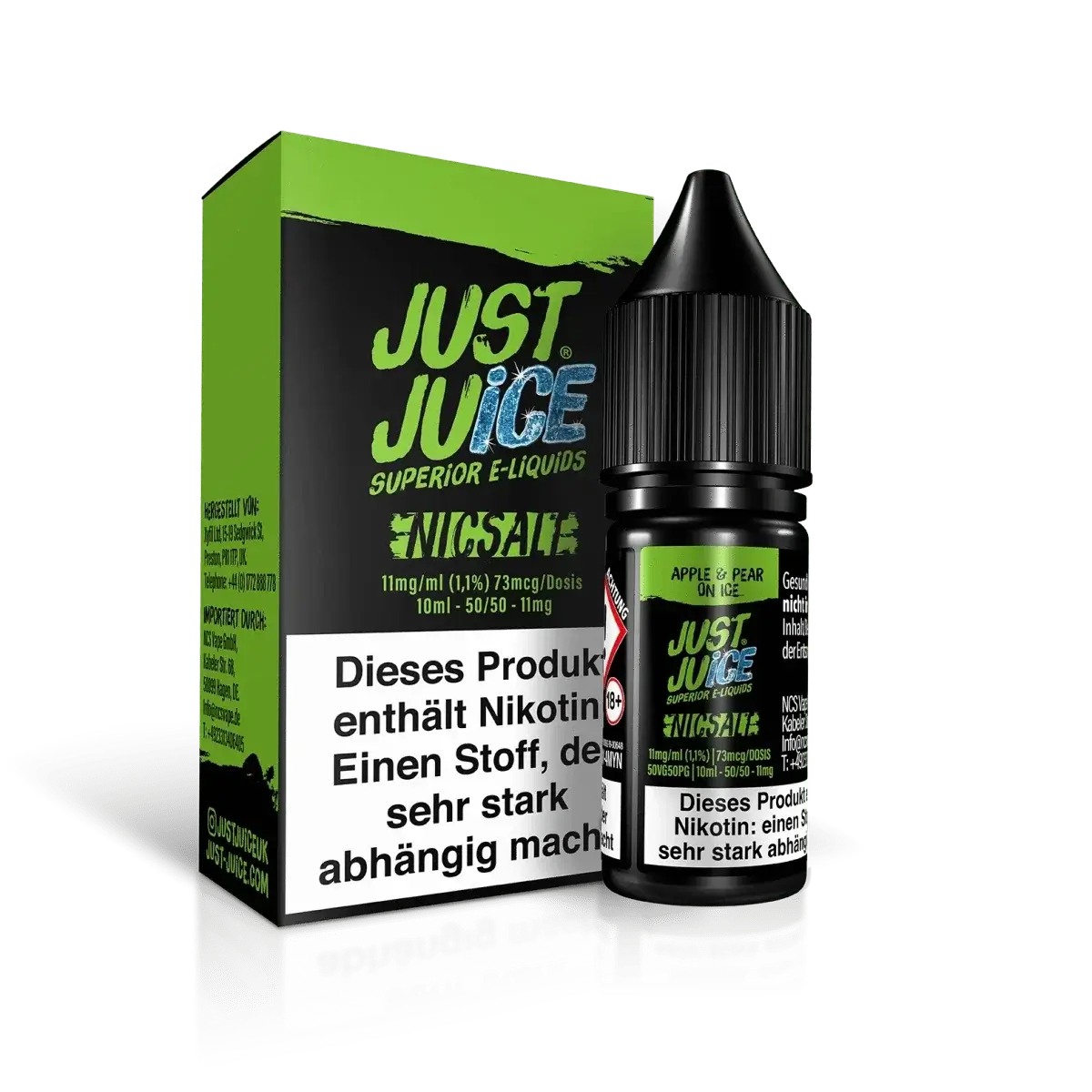 Flasche und Verpackung von Just Juice - Apple Pear on Ice E-Liquid, erfrischendes Trio mit Apfel, Birne und Minze, 10 ml mit Nikotinsalz.