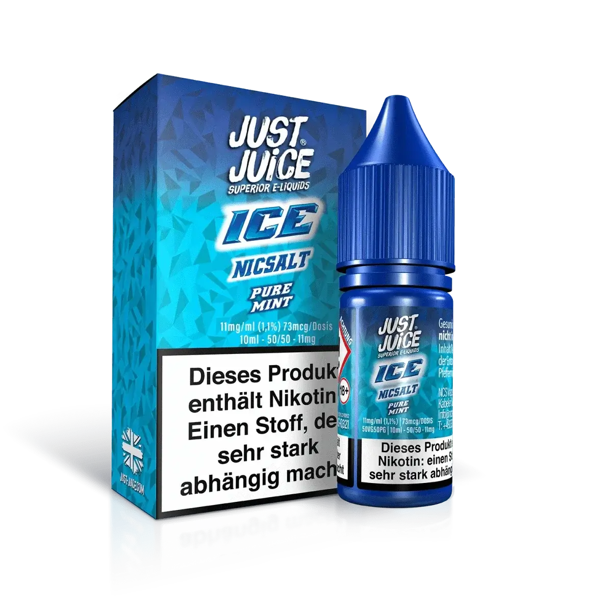 Alt Tag: Just Juice Ice Pure Mint E-Liquid mit intensivem Minz- und Mentholgeschmack, erfrischend wie Bergluft, 10ml Flasche und Verpackung.