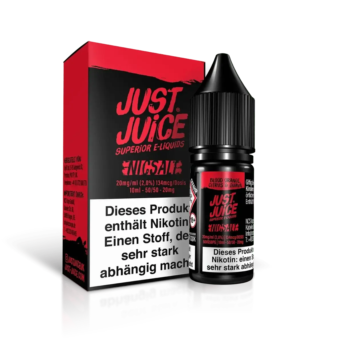 Just Juice Flasche und Verpackung mit Blutorange Citrus Guava Geschmack. Echter Fruchtgenuss für intensiven Dampferspaß.