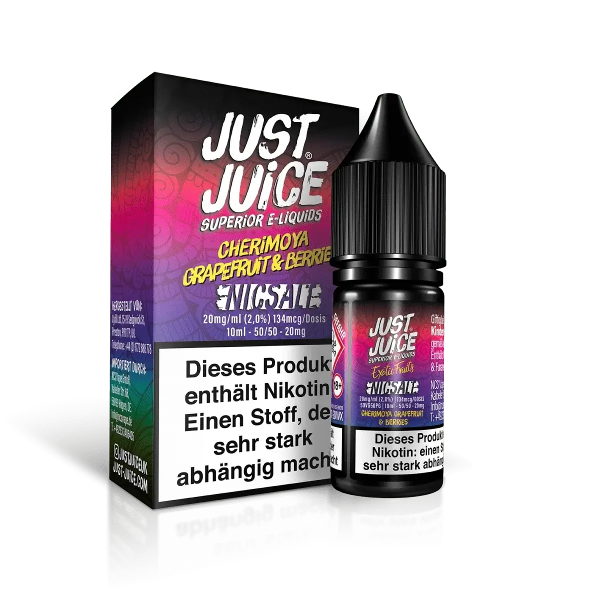 Alt Tag: Entdecke Just Juice Cherimoya Grapefruit Berries, ein exotisches E-Liquid mit Rahmapfel, Pampelmuse und Beeren.