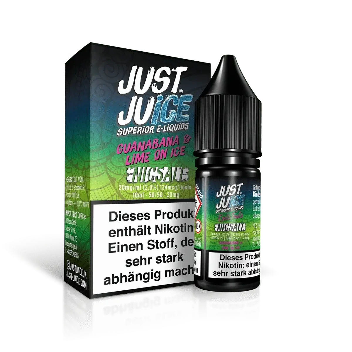 Venturo Just Juice Guanabana & Lime on Ice, tropischer Geschmack mit frischer Limette und Minze, E-Liquid Flasche.