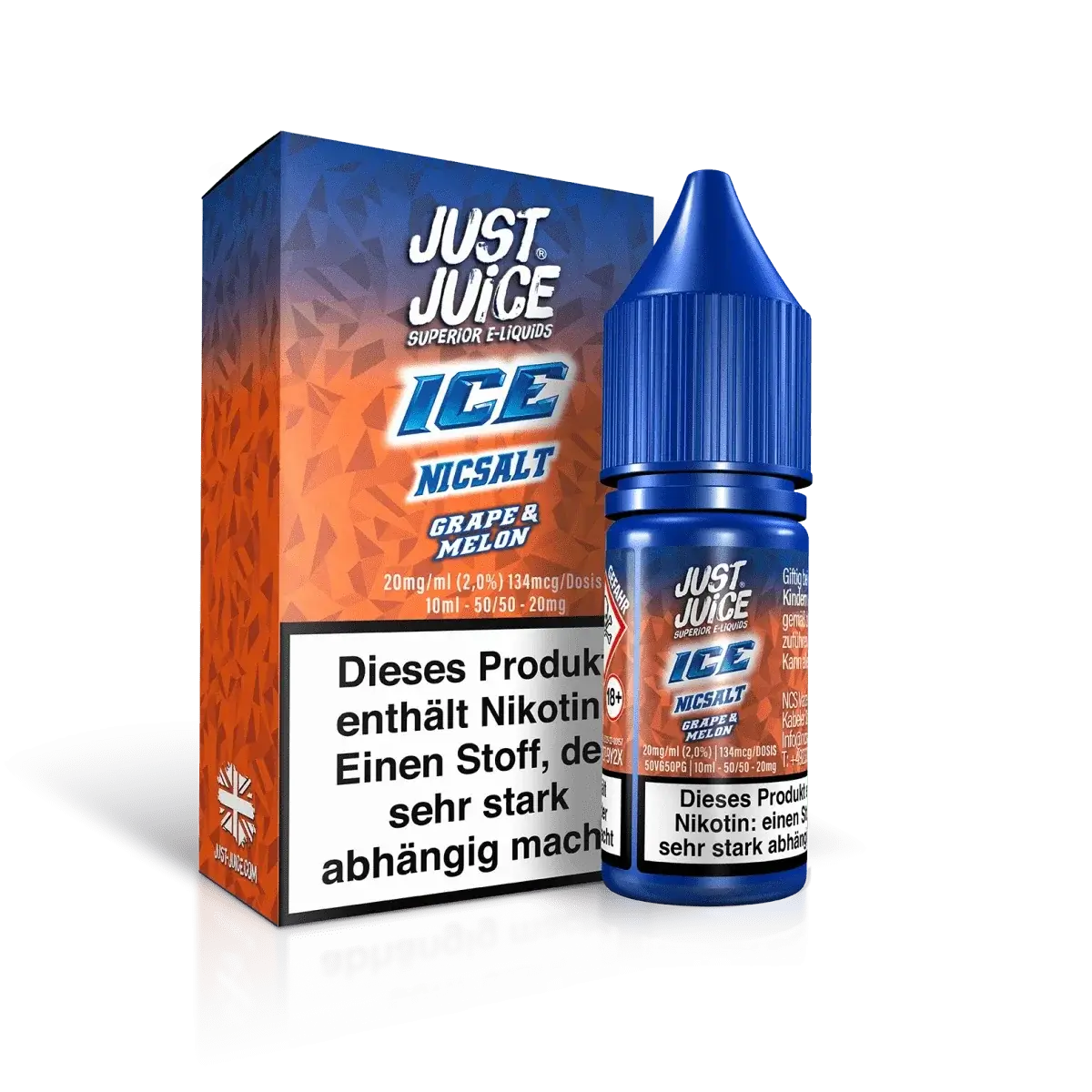 Flasche und Packung von Just Juice Ice Grape Melon E-Liquid mit Nikotinsalz, verspricht süß-kühle Erfrischung.