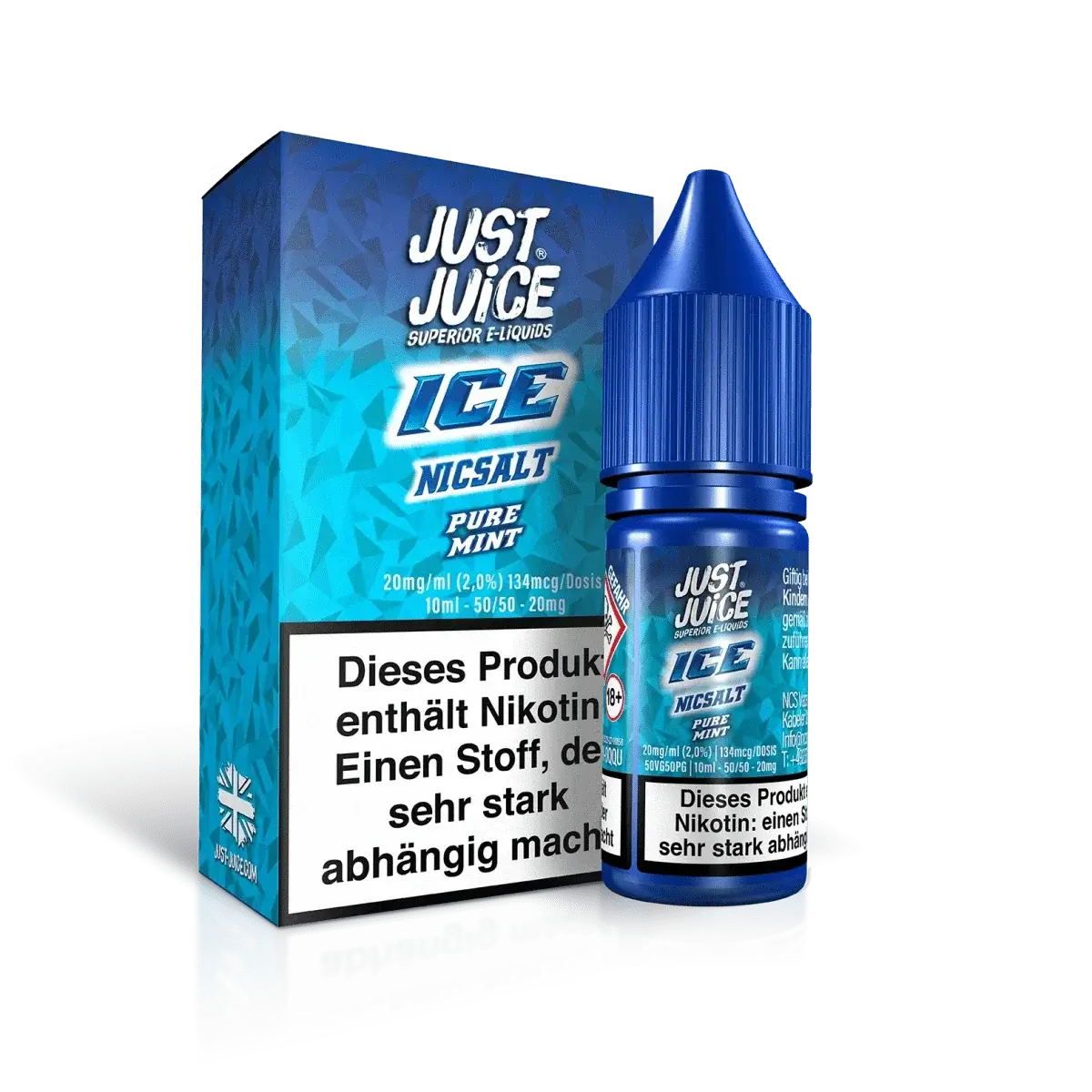 Just Juice Ice Pure Mint E-Liquid mit erfrischendem Minz-Menthol-Geschmack, perfekt für intensive Frische mit jedem Zug.