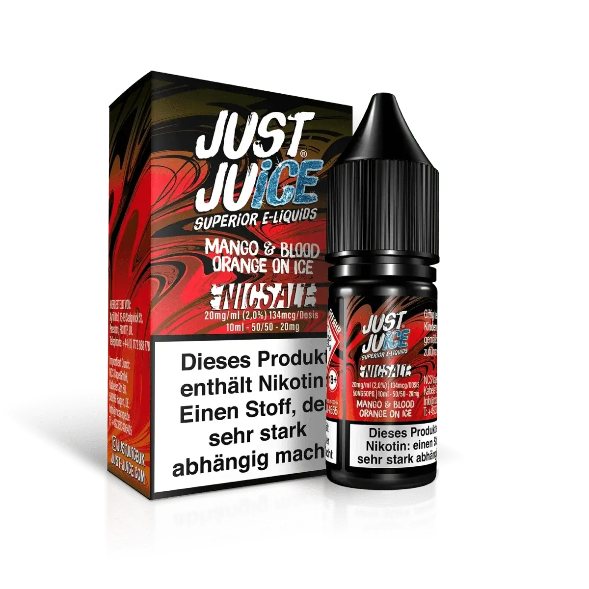 Erlebe den exotischen Geschmack von Just Juice Mango Blutorange auf Ice mit kühlender Minze. Perfekt für deine E-Zigarette.