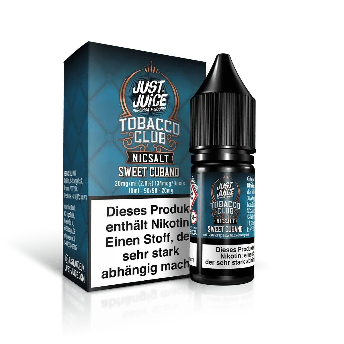 Venturo Just Juice Tobacco Club Sweet Cubano Nikotinsalz E-Liquid mit süßem kubanischem Tabakaroma in 10ml Flasche.