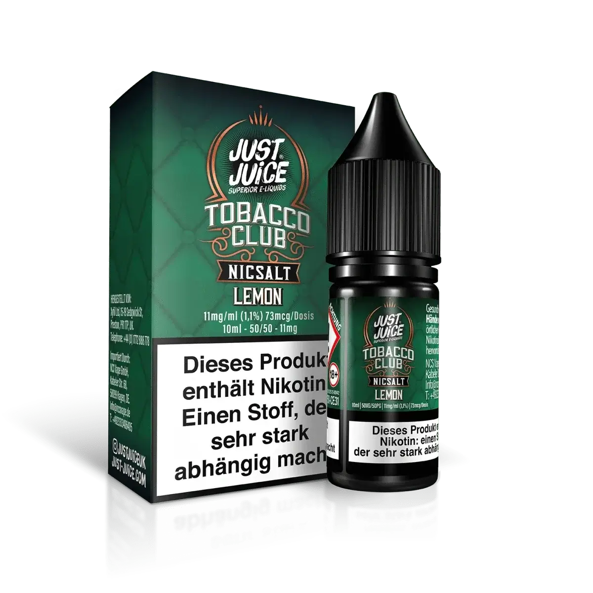 Just Juice - Lemon Tabak E-Liquid für nachhaltige E-Zigaretten Pods, Nikotinsalz mit intensivem Zitronengeschmack, aus UK.