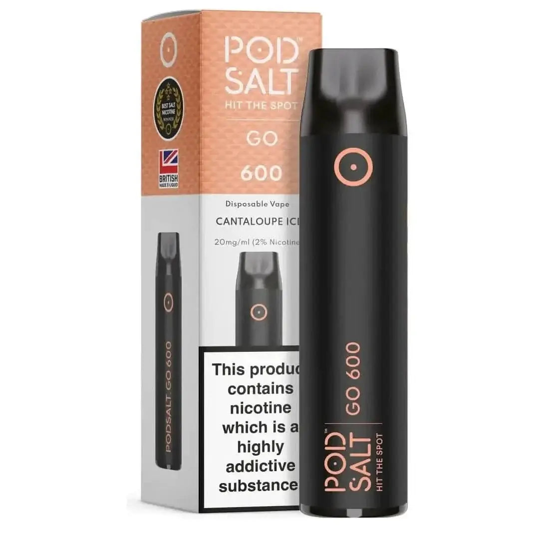 Pod Salt Go 600 Cantaloupe Ice, süße Melone mit kühlem Menthol: Perfekte Balance für deinen Vape-Genuss, Nikotinhinweis deutlich sichtbar.