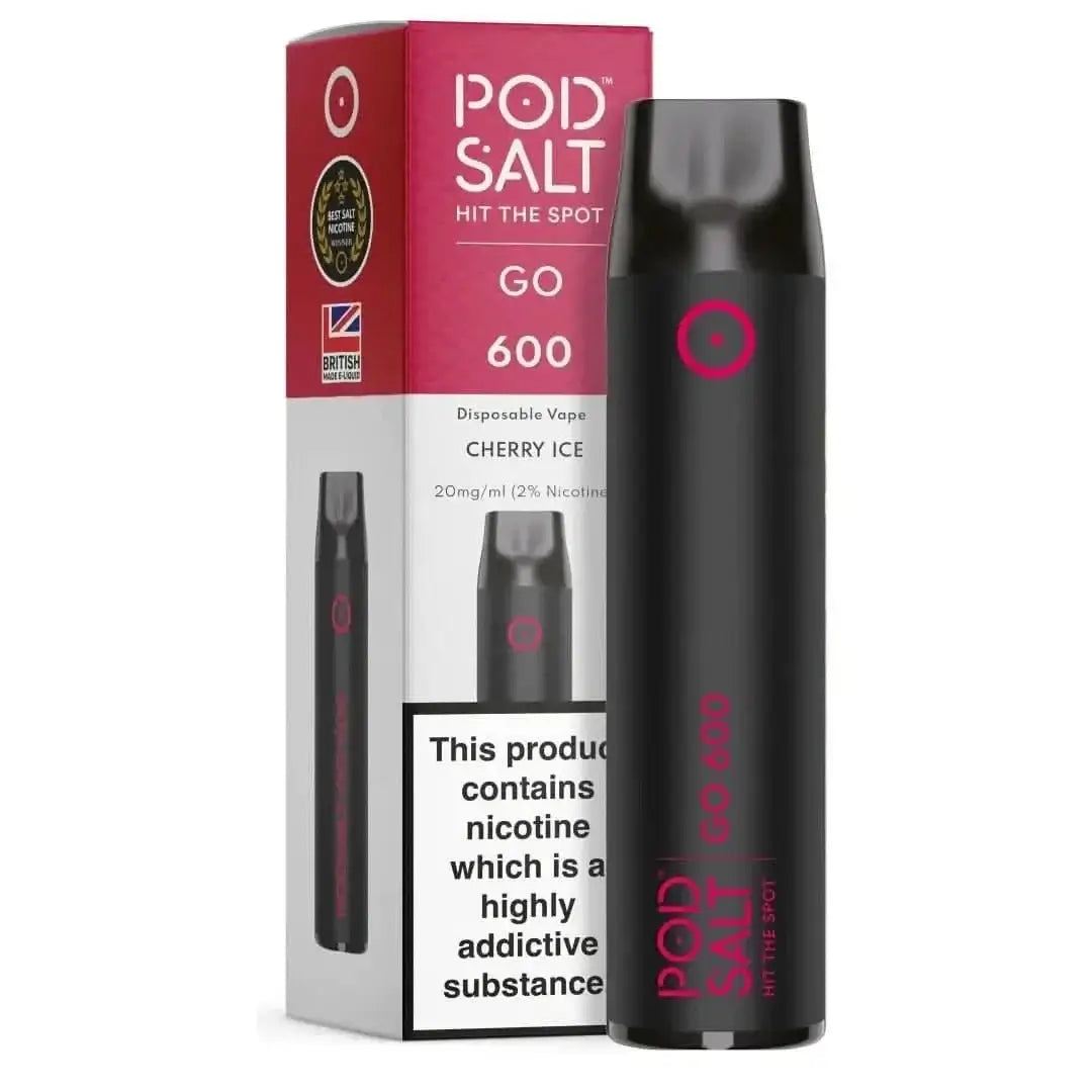 Pod Salt Go 600 E-Zigarette mit Kirschgeschmack, ideal für fruchtigen Dampfgenuss, Verpackung und Gerät in schwarzem Design.
