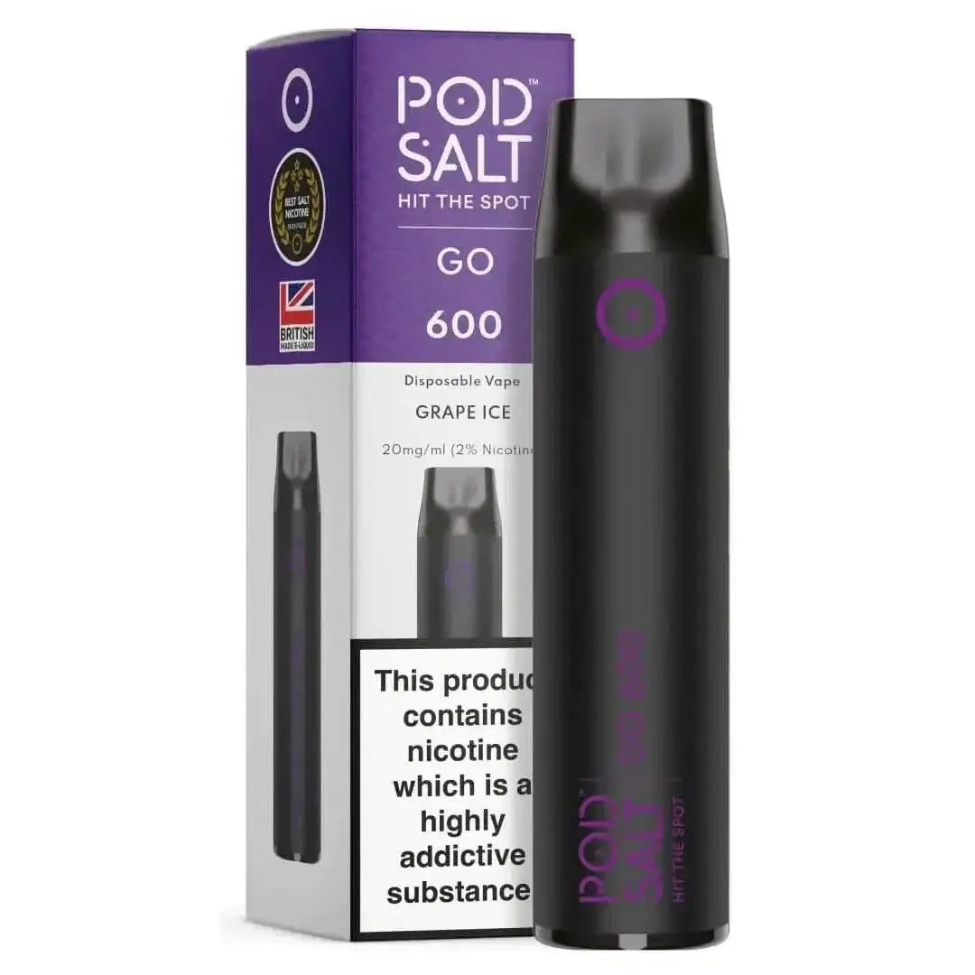 Pod Salt Go 600 Grape Ice E-Zigarette vor Verpackung. Genieße die süße Traube mit erfrischendem Mentholgeschmack in jeder Dampfwolke.