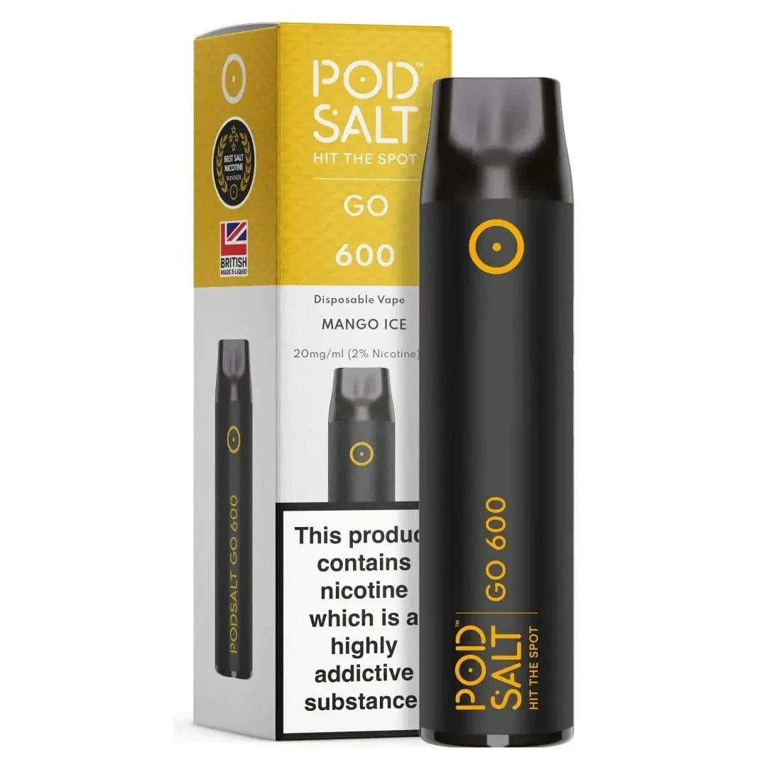 Pod Salt Go 600 Mango Ice E-Zigarette – Erlebe die tropische Süße von Mango gepaart mit einer erfrischenden Mentholbrise.