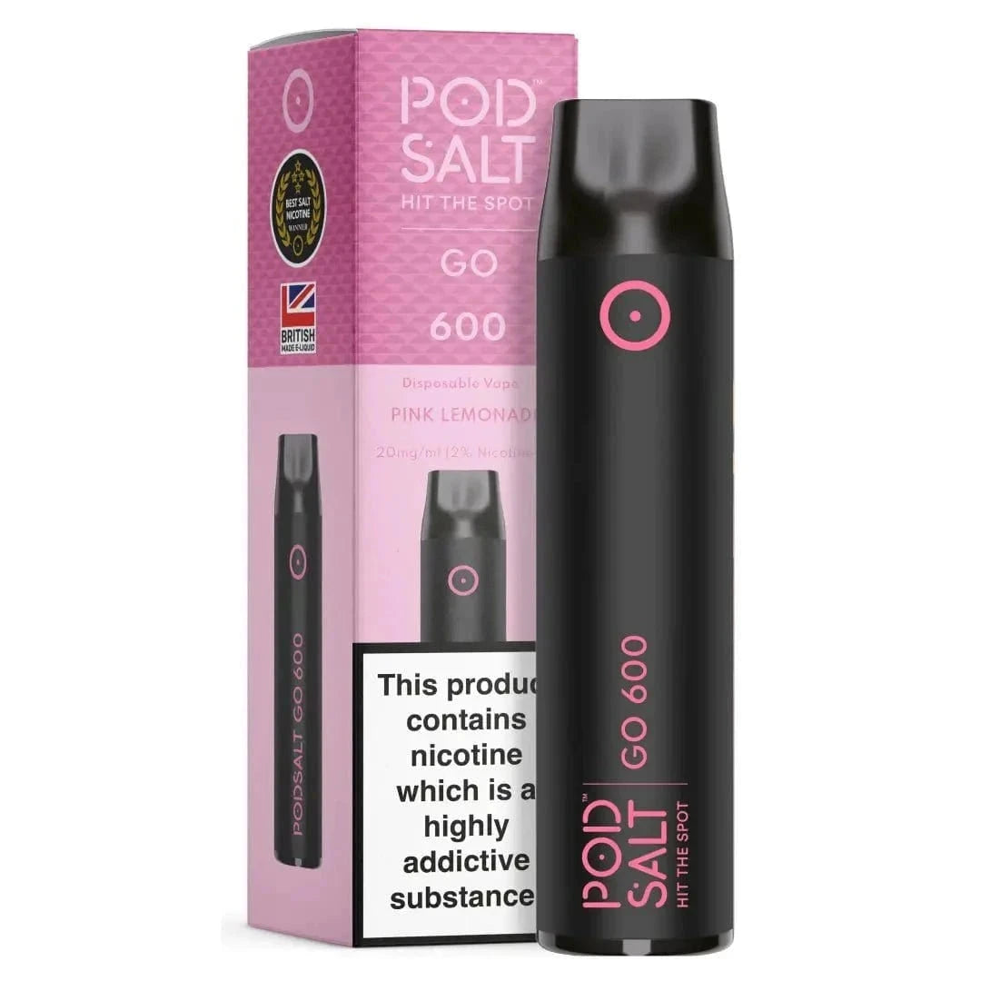 Pod Salt Go 600 Pink Lemonade E-Zigarette mit spritzigem Zitrusgeschmack und roten Früchten.