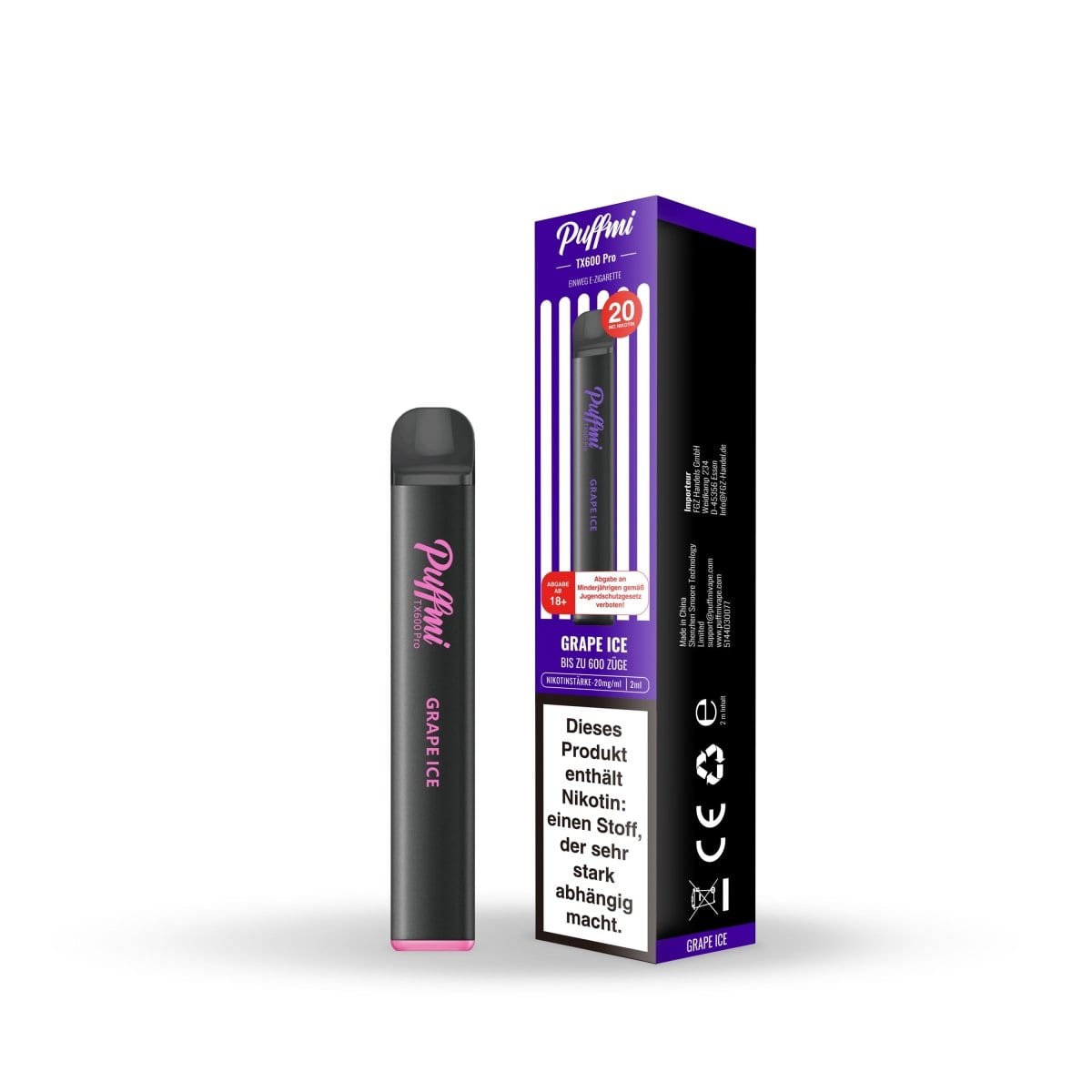 Puffmi TX600 Pro Grape Ice E-Zigarette mit Traube Menthol Geschmack, ideal für frischen Dampfergenuss. Enthält Nikotin.