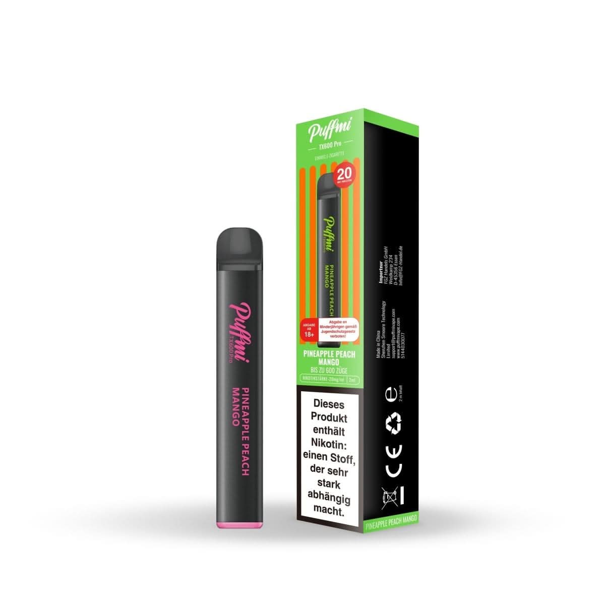 Puffmi TX600 Pro in "Pineapple Peach Mango" Geschmack vor Verpackung. Genieße tropische Fruchtvielfalt in diesem Vape!