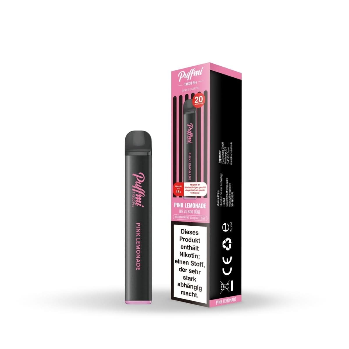 Puffmi TX600 Pro Pink Lemonade in der stylischen Verpackung. Genieße die spritzige Mischung aus Zitrone und roten Früchten für den Sommer.