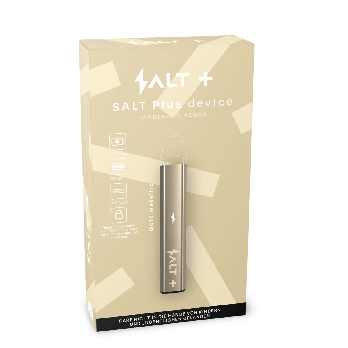 SALT+ Vape Basisgerät in Gold Metallic, luxuriöses und stilvolles Design für dein glamouröses Vaping-Erlebnis.