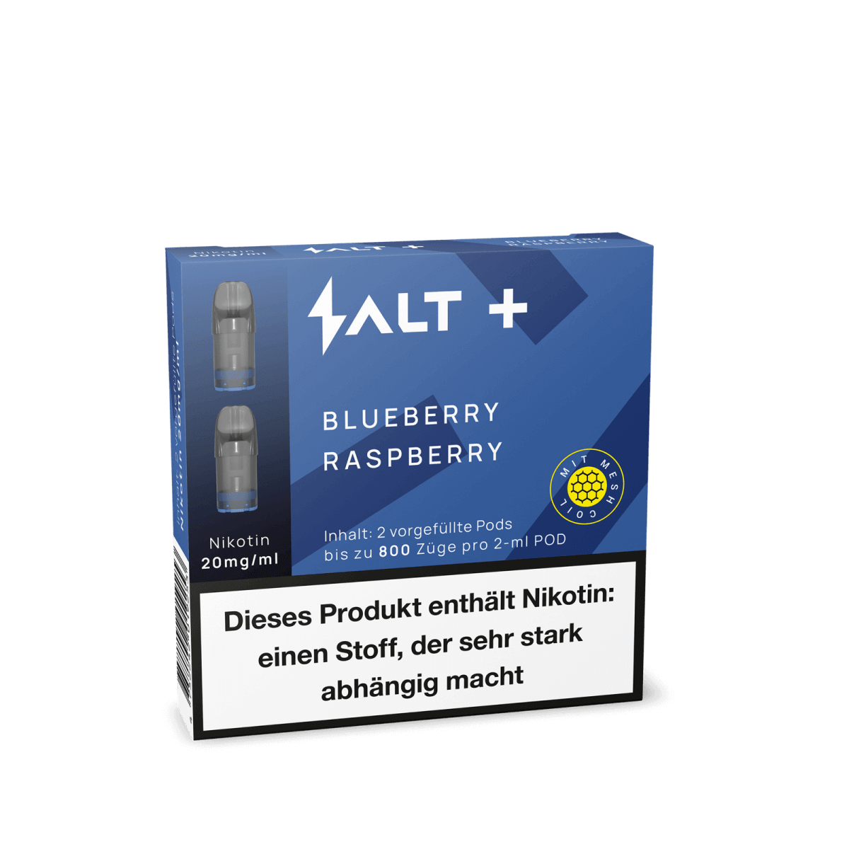 Pro Vape SALT+ Pod in Blueberry Raspberry Geschmack, enthält zwei Pods à 800 Züge. Perfekt für fruchtig-süße Dampferlebnisse.