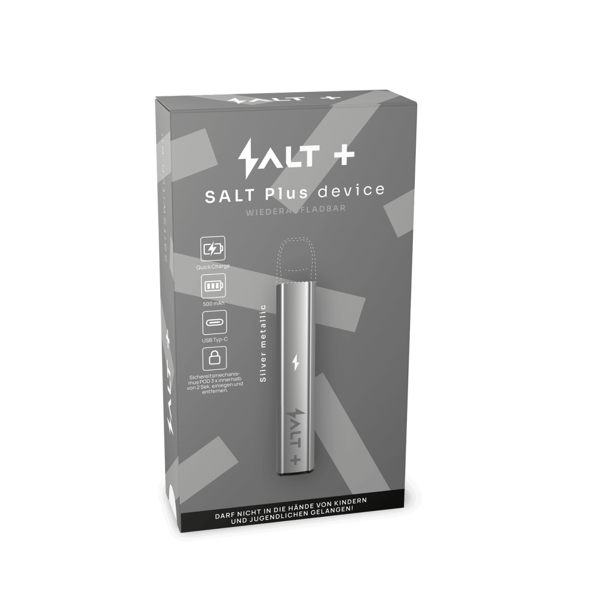 Entdecke das SALT+ Basisgerät in Silber Metallic – ein futuristisches Gadget für den technikbegeisterten Vaper. Eleganz trifft High-Tech.