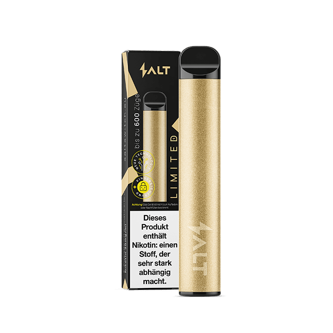 Alt Tag: Salt Switch LIMITED Vape in Gold mit Grapefruit Erdbeere Geschmack, bereit für deinen nächsten glamourösen Moment.
