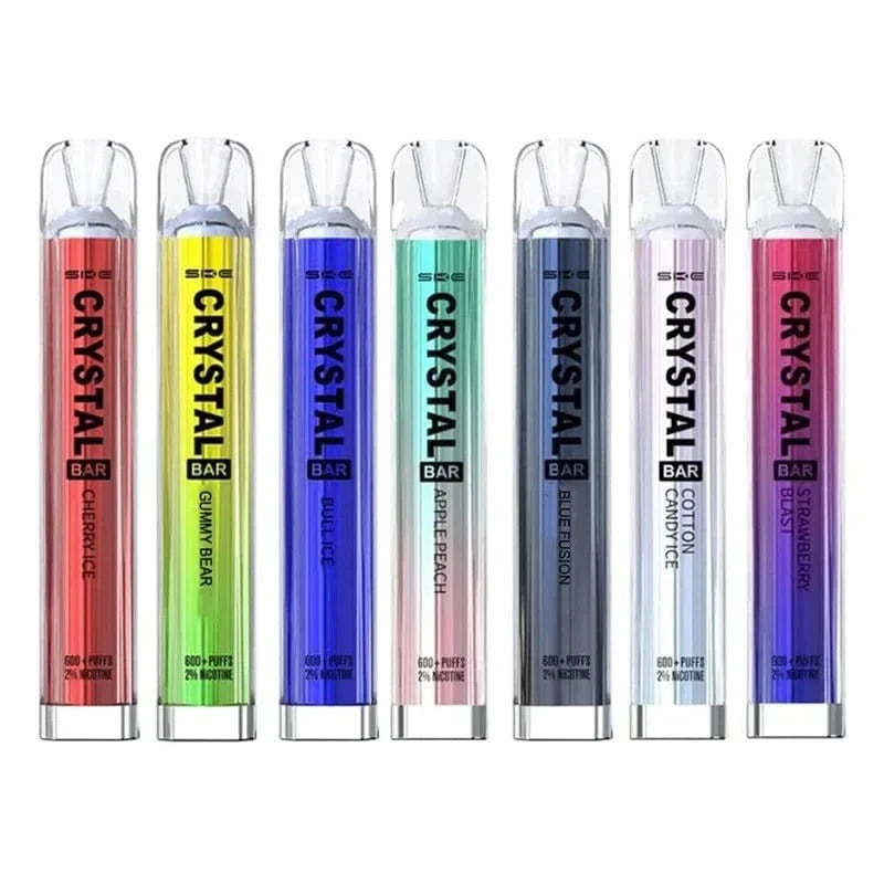 Crystal Bar Vape Collection mit verschiedenen Geschmacksrichtungen, darunter Blue Fusion mit saftigen Blaubeeren und Karamell.