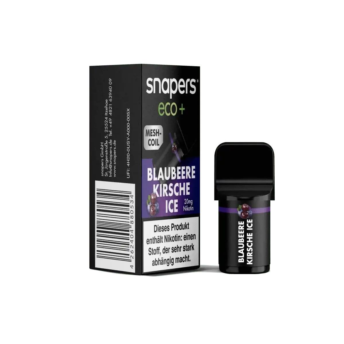 Snapers Eco+ Pod Blaubeere Kirsche Ice Set, erfrischendes Aroma von Blueberry und Cherry mit Menthol, Produktverpackung
