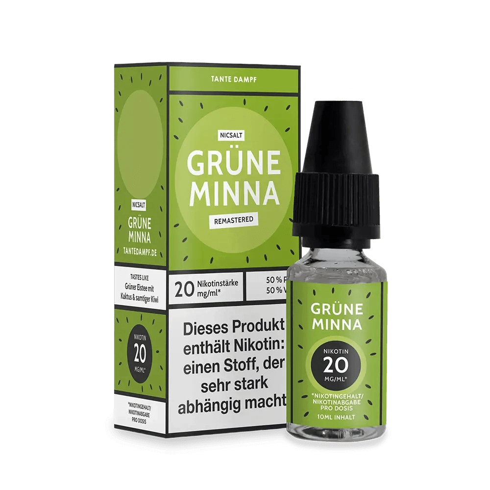 "Erlebe den erfrischenden Mix aus grünem Tee, Kaktusfeige und Kiwi mit dem Grüne Minna E-Liquid von Tante Dampf."