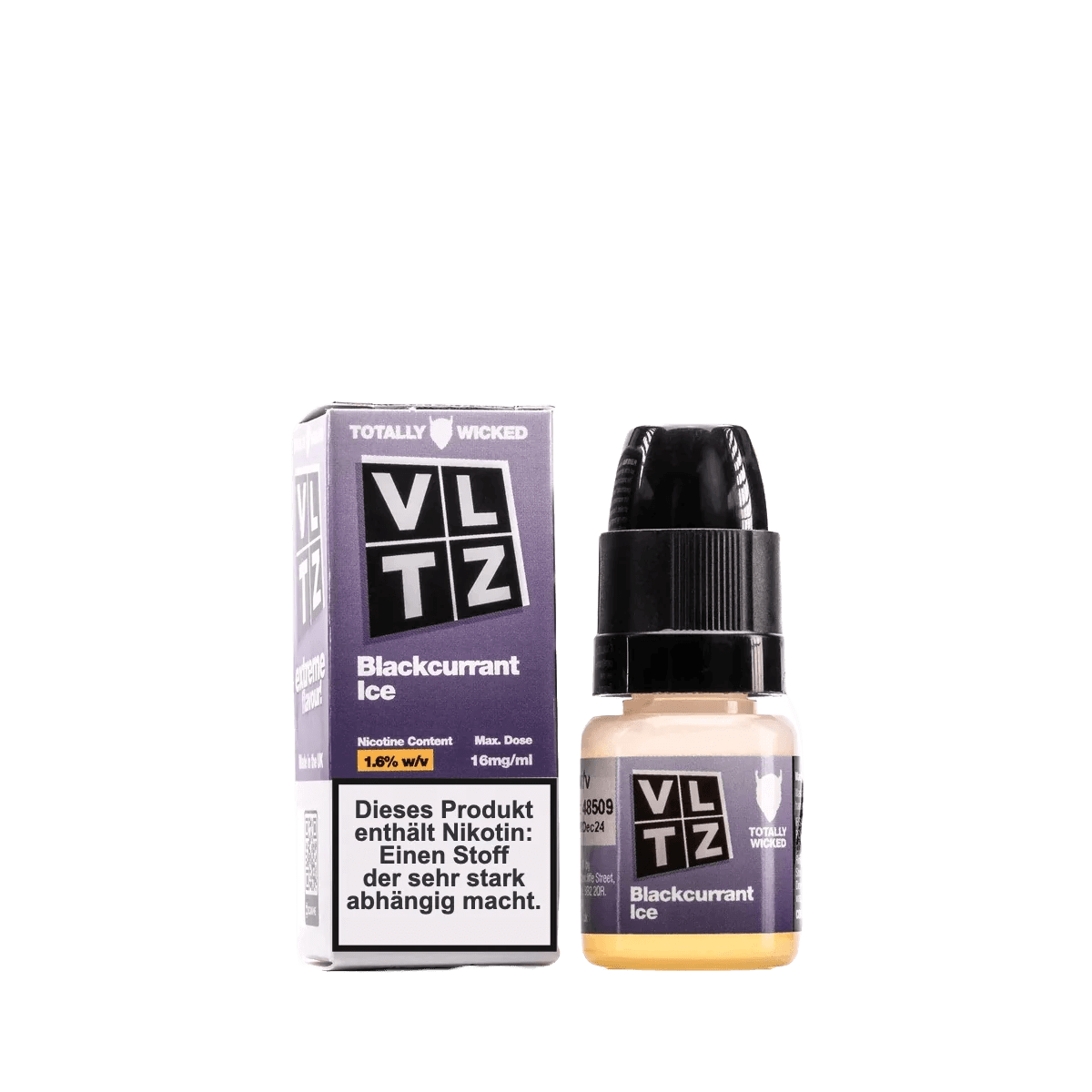 VLTZ Blackcurrant Ice E-Liquid, intensiver Schwarze-Johannisbeere-Menthol-Geschmack, 10ml Flasche vor weißem Hintergrund