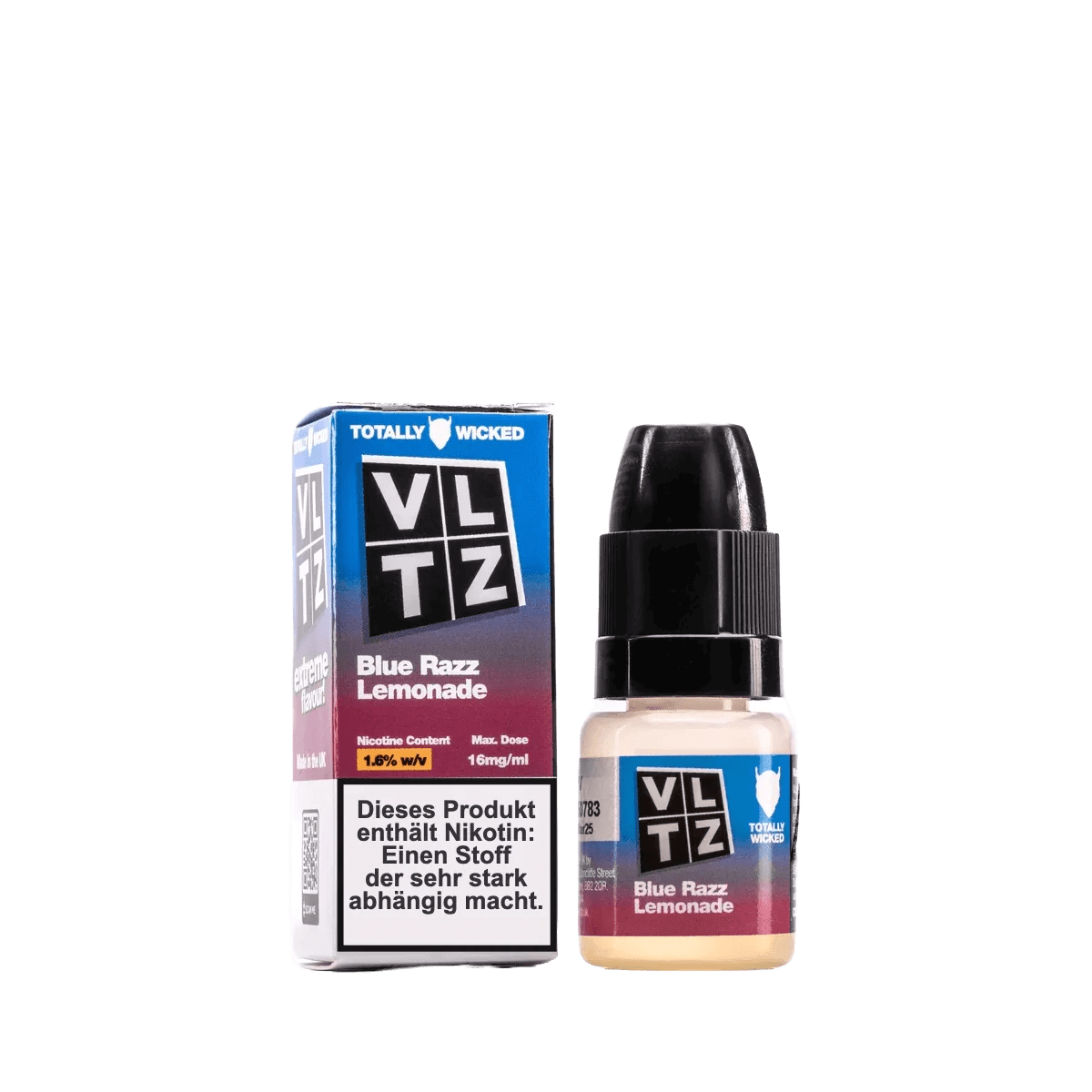 VLTZ Blue Razz Lemonade E-Liquid Packung vor weißem Hintergrund, 16mg/ml, erfrischender Blaubeer-Himbeer-Zitronengeschmack genießen.