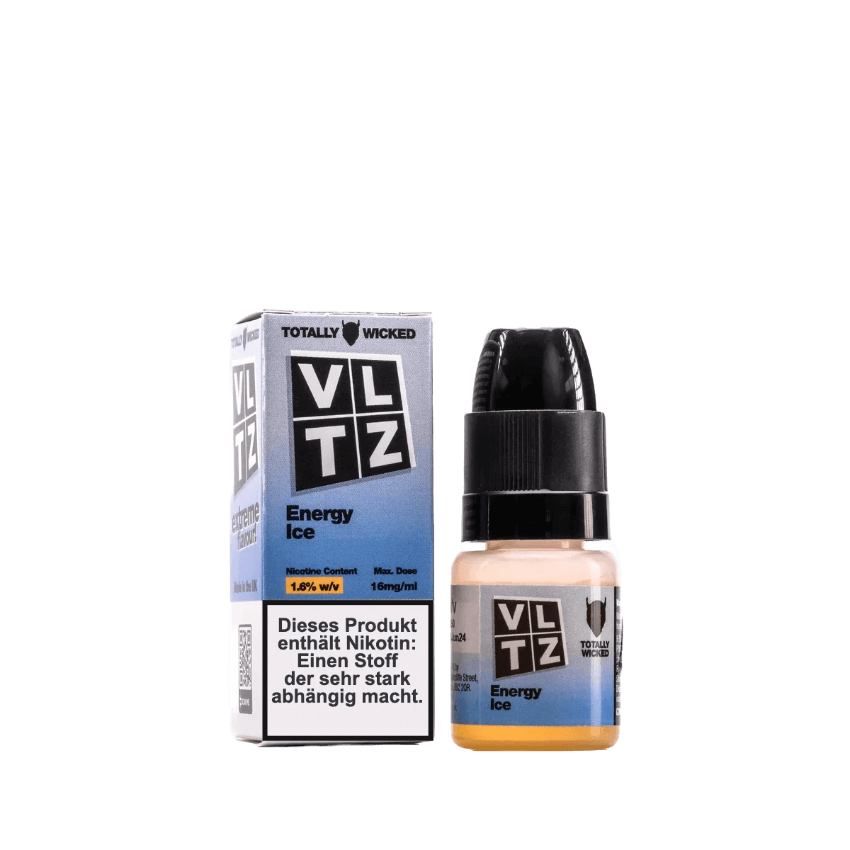 VLTZ Energy Ice E-Liquid Flasche und Verpackung - Erfrischender Energy-Drink-Geschmack mit Mentholkick, Nikotinsalz enthalten.