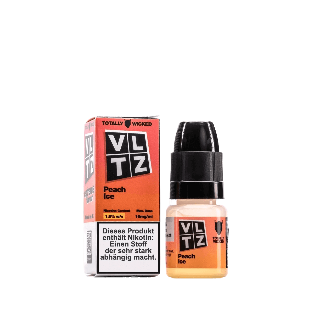 Alt Tag: VLTZ E-Liquid Peach Ice Flasche und Verpackung, entdecke den fruchtigen Pfirsichgeschmack mit erfrischender Menthol-Note.