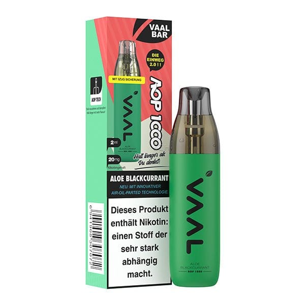 Vaal AOP1000 E-Zigarette mit Aloe-Schwarze Johannisbeere Geschmack, verpackung und Gerät im Bild, 2ml Kapazität.