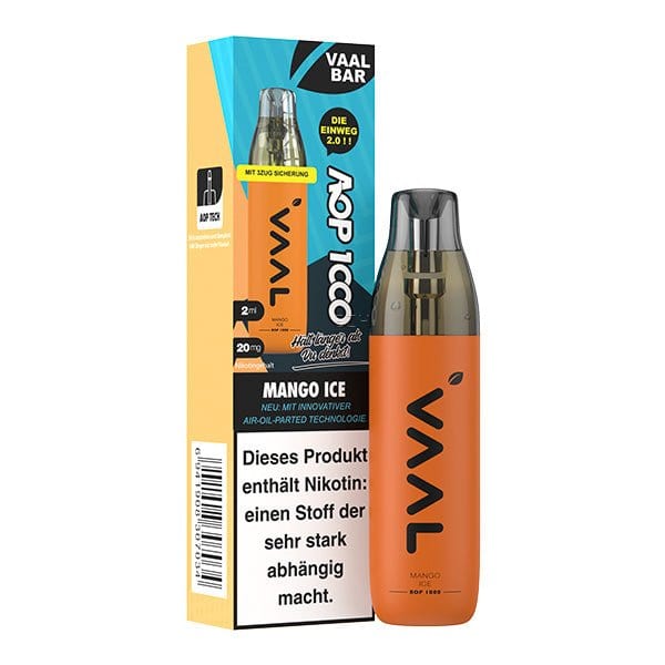 Vaal AOP1000 Mango Ice Einweg-E-Zigarette mit tropischem Mango-Menthol-Geschmack, ideal für erfrischende Dampferlebnisse.