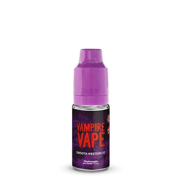 Vampire Vape Smooth Western E-Liquid – Erlebe den kräftigen Geschmack von geröstetem Tabak in dieser markanten violetten Flasche.