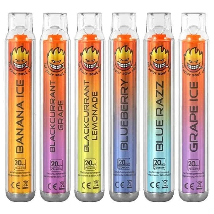 Vape Soul Einweg E-Zigaretten in verschiedenen Geschmacksrichtungen: Banana Ice, Blackcurrant Grape, Blueberry, Blue Razz, Grape Ice.