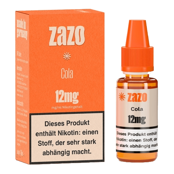 Zazo Cola E-Liquid 12mg Flasche und Verpackung, verspricht den spritzigen Geschmack von klassischem Cola mit Nostalgie-Würze.