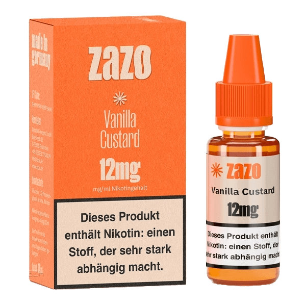 Zazo E-Liquid Vanilla Custard 12mg Flasche mit Box, perfekter süßer Dampfgenuss für deine entspannte Dampferfahrung.