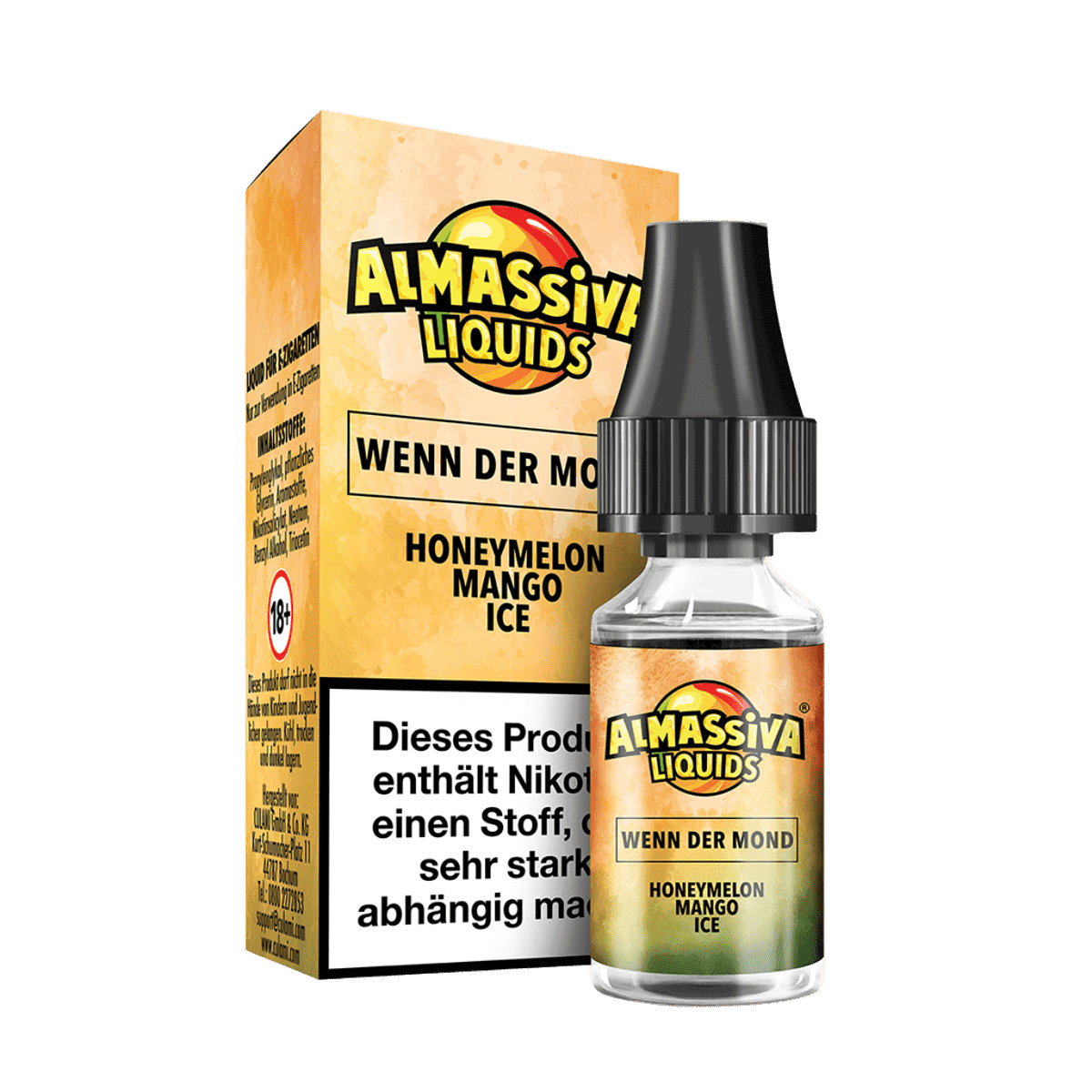 Genieße Almassiva Liquid 'Wenn der Mond' mit Honigmelone, Mango und kühlem Menthol für ein tropisches Erlebnis.