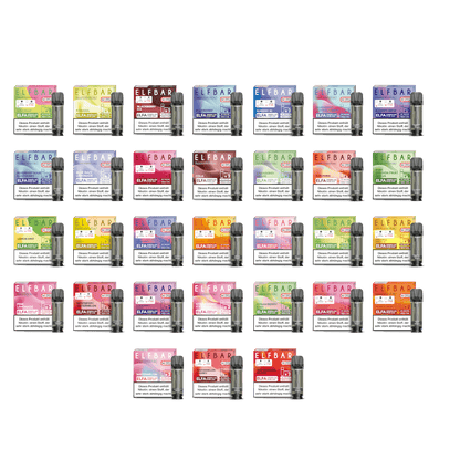 Sortiment an Elfa Pods, verschiedene Geschmacksrichtungen, präsentiert in fünf Reihen. Perfekt für abwechslungsreiches Dampferlebnis.