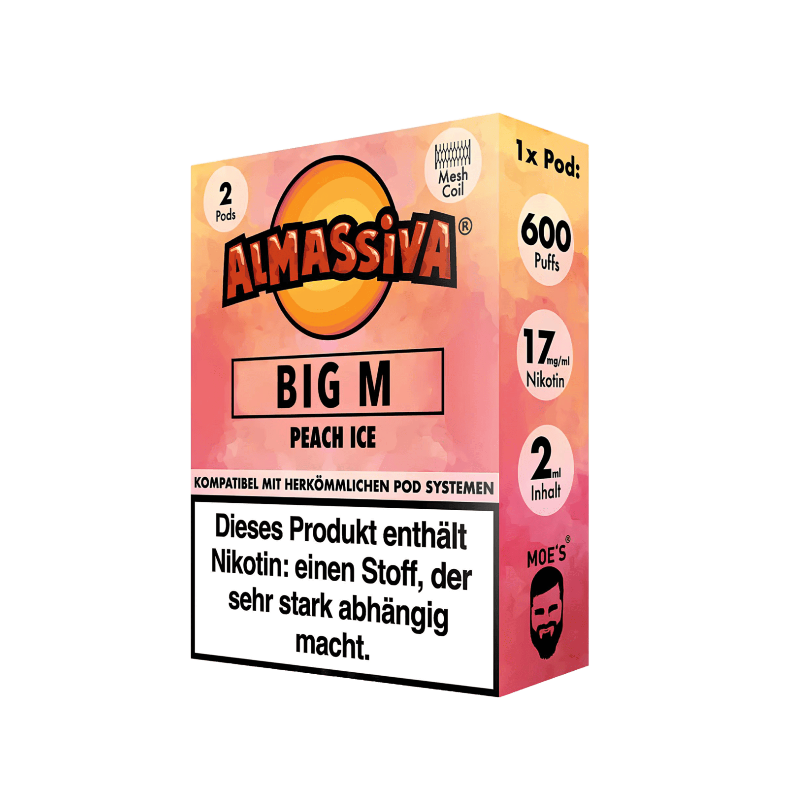 Almassiva Pod Big M: Pfirsich Menthol im 2er Set. Genieße den süßen Pfirsich mit erfrischender Mentholkühe. Perfekt für dich!