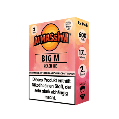 Almassiva Pod Big M: Pfirsich Menthol im 2er Set. Genieße den süßen Pfirsich mit erfrischender Mentholkühe. Perfekt für dich!