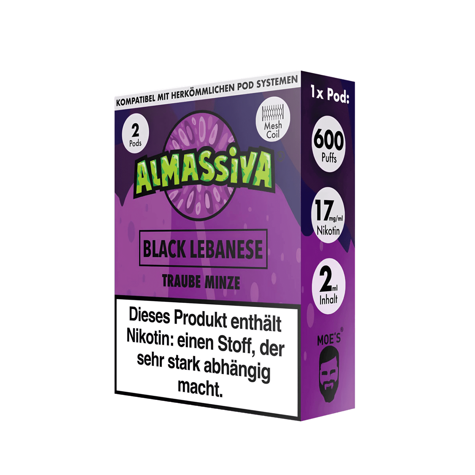 Almassiva Black Lebanese Pod - Traube Minze für intensives Aroma, 2er Set mit 600 Zügen. Perfekt für deinen Alltagsbegleiter.