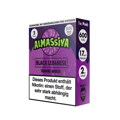 Almassiva Black Lebanese Pod - Traube Minze für intensives Aroma, 2er Set mit 600 Zügen. Perfekt für deinen Alltagsbegleiter.