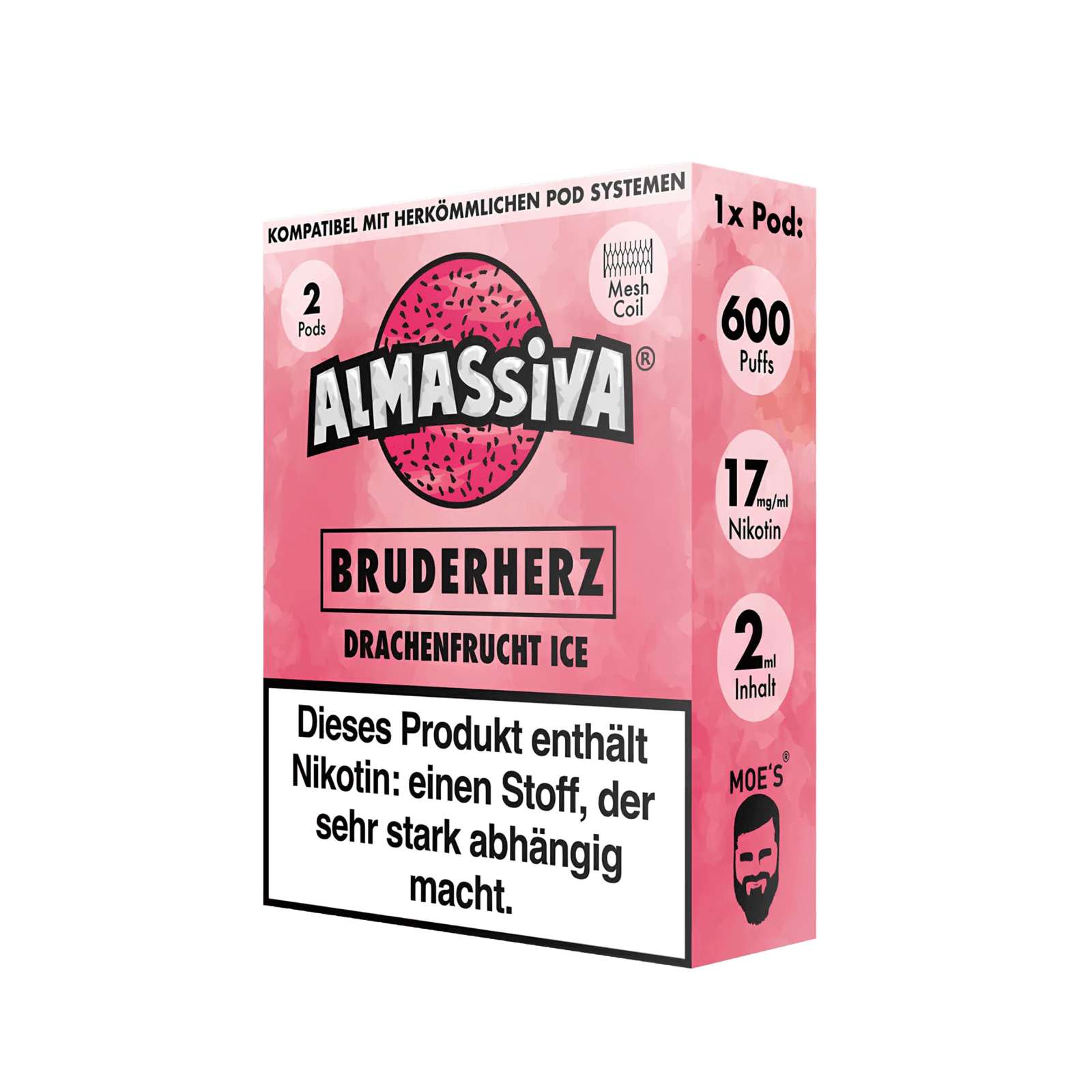 Almassiva Bruderherz Pod-Packung mit Drachenfrucht Menthol-Geschmack, 600 Züge und 17mg Nikotin – exotisch und erfrischend.