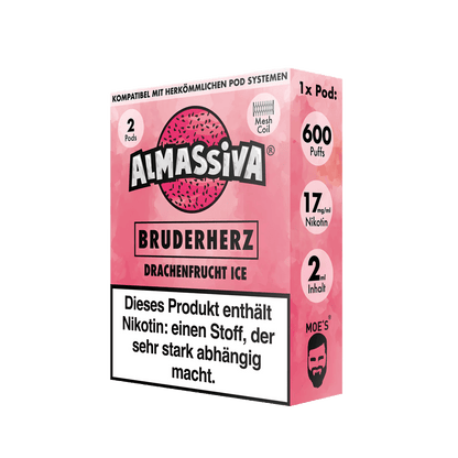 Almassiva Bruderherz Pod-Packung mit Drachenfrucht Menthol-Geschmack, 600 Züge und 17mg Nikotin – exotisch und erfrischend.