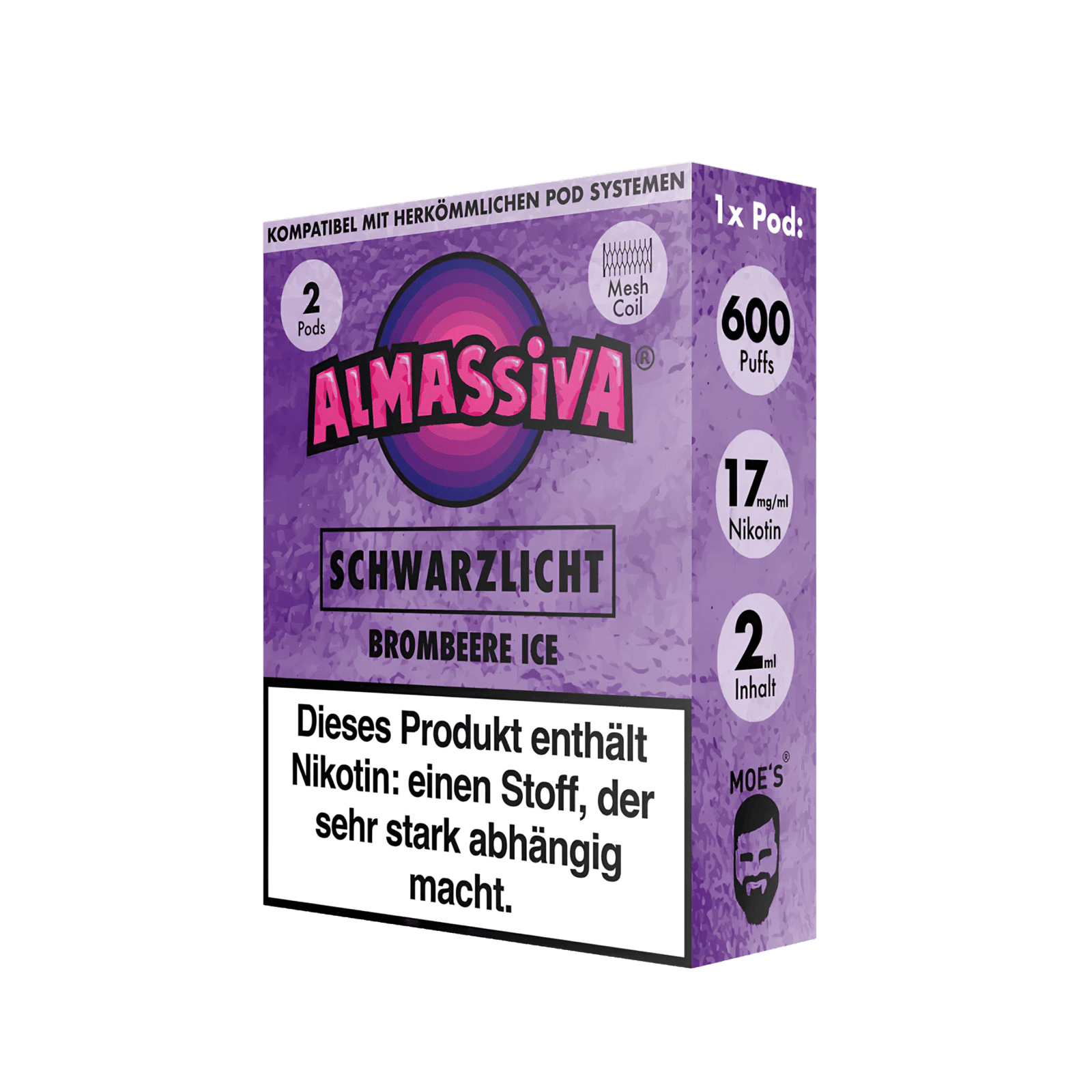 Almassiva Schwarzlicht Pod 2er Set in Brombeere Ice mit 17mg Nikotin, aromatisches Beeren- und Mentholerlebnis für deinen Vape-Genuss.