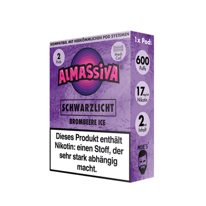 Almassiva Schwarzlicht Pod 2er Set in Brombeere Ice mit 17mg Nikotin, aromatisches Beeren- und Mentholerlebnis für deinen Vape-Genuss.