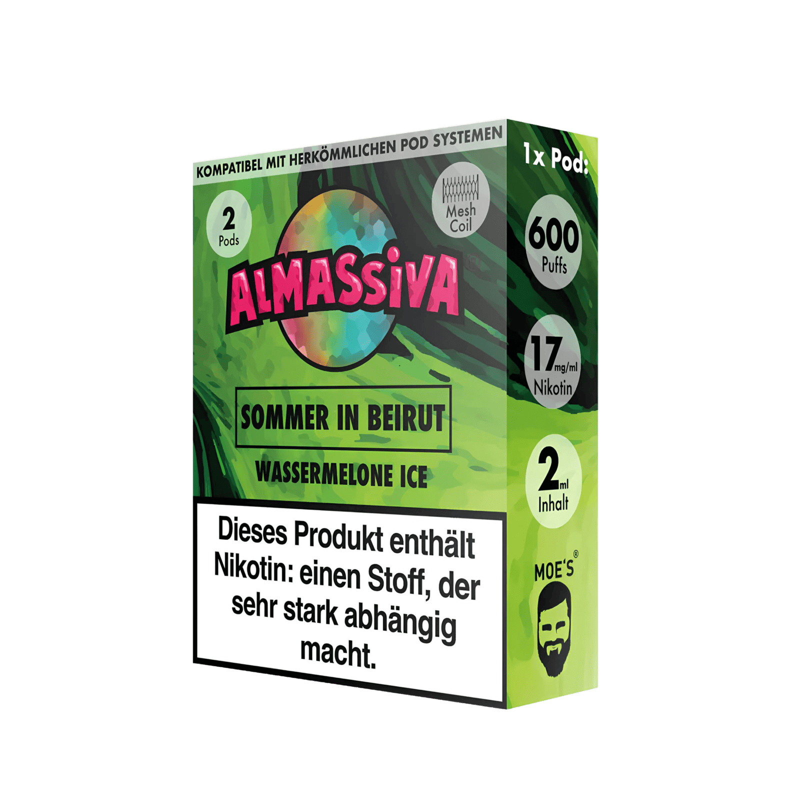 Almassiva Pod Sommer in Beirut Wassermelone Menthol 2er Set mit 600 Zügen und 17mg Nikotin für erfrischenden Sommergenuss