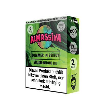Almassiva Pod Sommer in Beirut Wassermelone Menthol 2er Set mit 600 Zügen und 17mg Nikotin für erfrischenden Sommergenuss