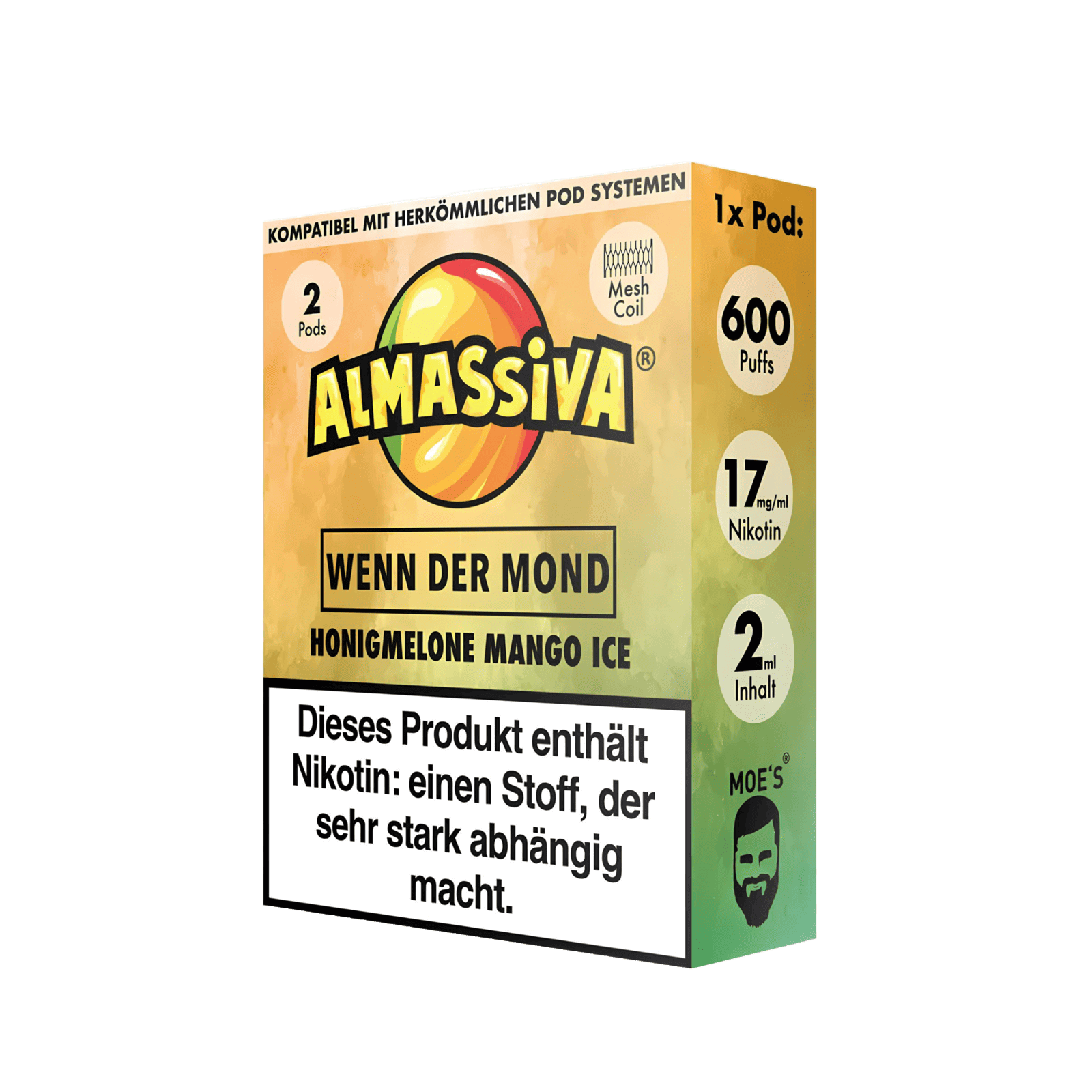 Almassiva Pod Wenn der Mond Packung: Honigmelone Mango Menthol für ein fruchtig-süßes Erlebnis mit Menthol-Kick, 2er Set.