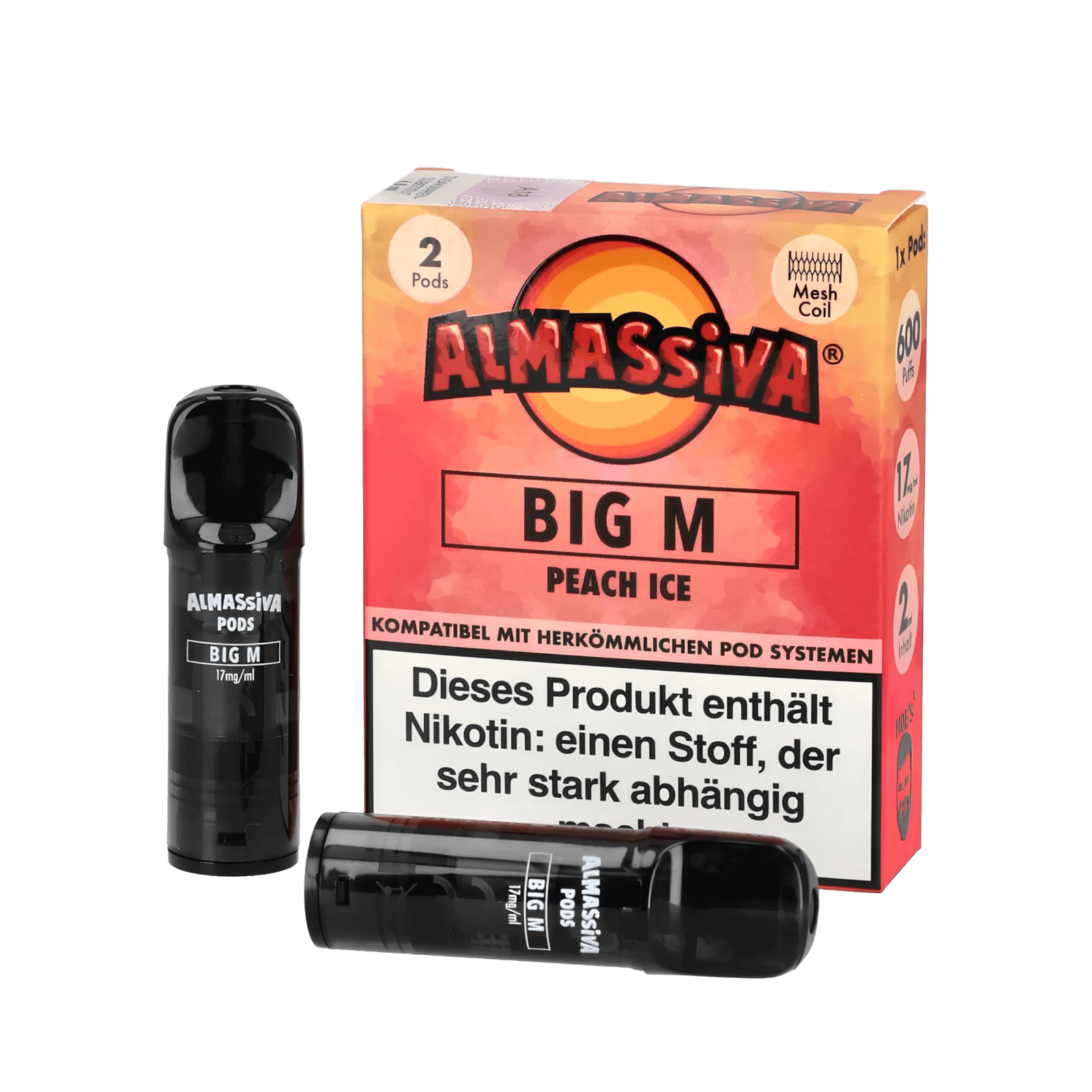 Almassiva Pod 2er Set - Big M mit Pfirsich Menthol, perfekt für den erfrischenden Geschmack von saftigen Pfirsichen und kühlendem Menthol.